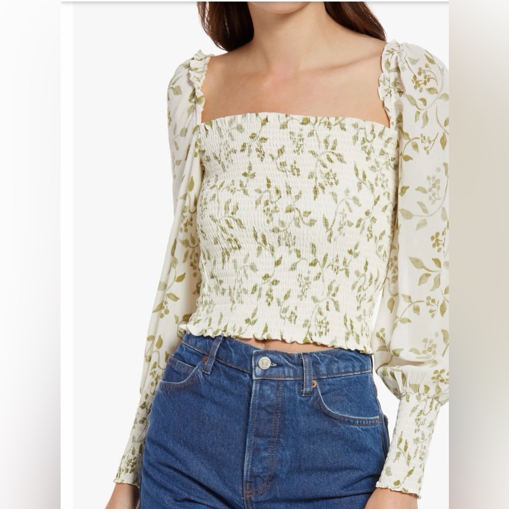 Reformation Cream Floral Smocked Pinto Top In Cypress